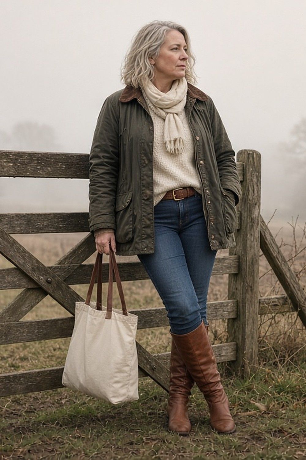 Full-length photo of a silver-haired woman leaning against a wooden field gate on a misty autumn farm, in an olive waxed barn jacket over a cream knit and scarf, belted indigo jeans tucked into cognac knee-high riding boots, holding a canvas tote.
