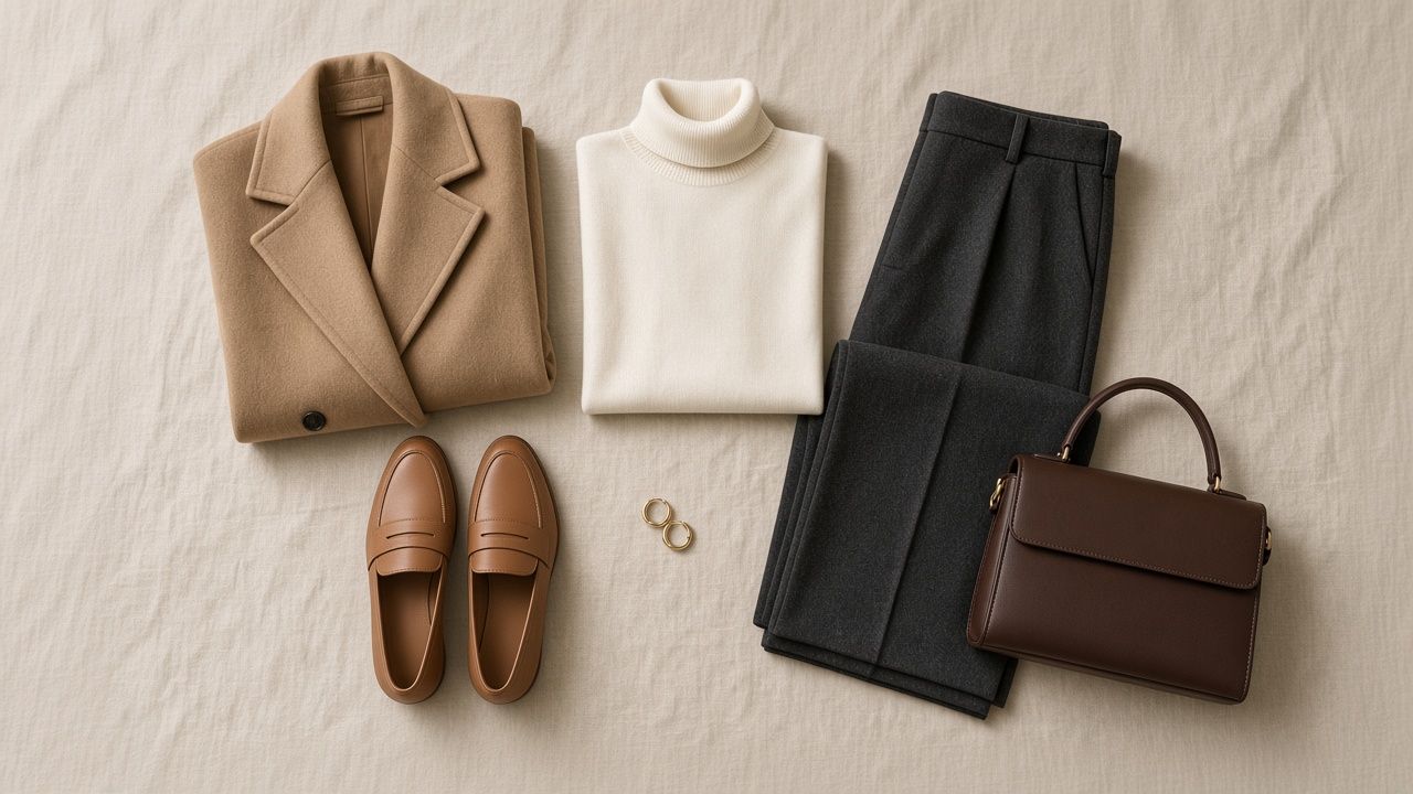 Flat lay on oatmeal linen: folded camel wool coat, ivory rollneck, charcoal wide-leg trousers, tan penny loafers, small gold hoops and a chocolate-brown top-handle bag.