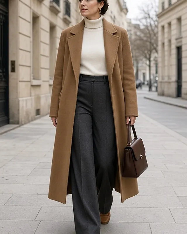 Full-length photo of a woman walking down a pale limestone street in winter light, in a long camel wool coat worn open over an ivory rollneck, charcoal wide-leg trousers and tan loafers, carrying a chocolate-brown top-handle bag.