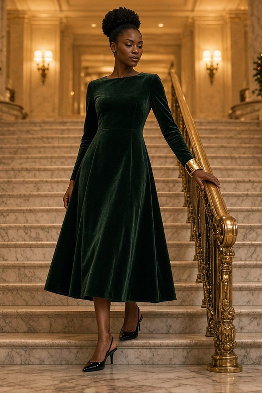 Full-length photo of a woman on a grand hotel staircase dressed with Christmas garlands, one hand on the gilded banister, wearing a long-sleeved forest-green velvet midi dress and black kitten-heel slingbacks.