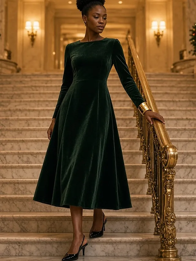 Full-length photo of a woman on a grand hotel staircase dressed with Christmas garlands, one hand on the gilded banister, wearing a long-sleeved forest-green velvet midi dress and black kitten-heel slingbacks.