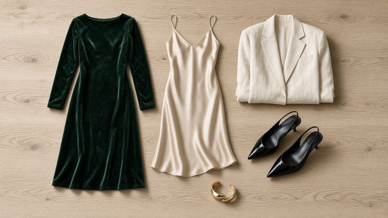 Flat lay on light oak: forest-green velvet midi dress, champagne silk slip dress, folded ivory linen blazer, black patent slingbacks and a chunky gold cuff.