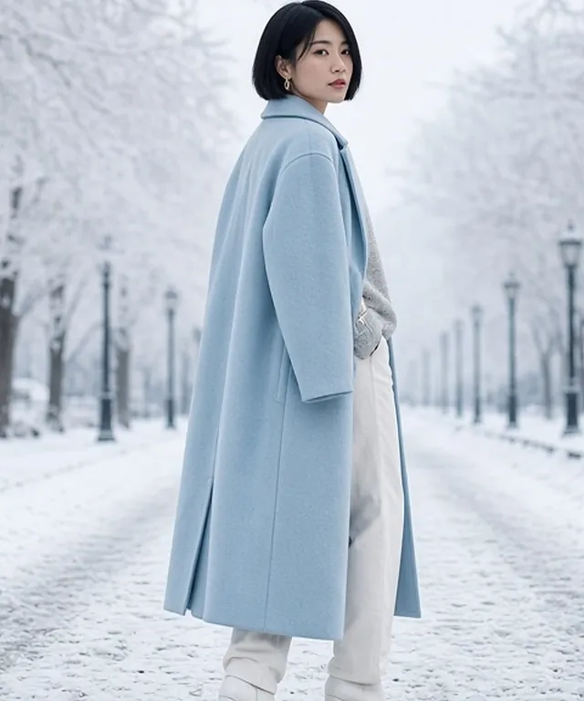 Full-length photo of a woman with a black bob on a snowy park path between frosted trees, in a long icy-blue wool coat over a light grey jumper, white straight-leg jeans and white leather ankle boots.