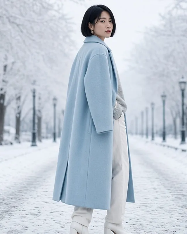 Full-length photo of a woman with a black bob on a snowy park path between frosted trees, in a long icy-blue wool coat over a light grey jumper, white straight-leg jeans and white leather ankle boots.