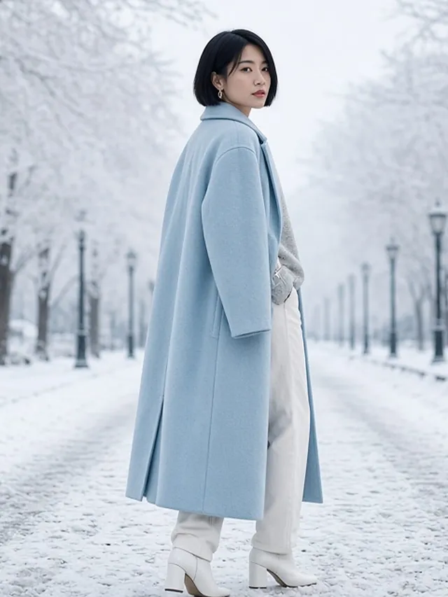 Full-length photo of a woman with a black bob on a snowy park path between frosted trees, in a long icy-blue wool coat over a light grey jumper, white straight-leg jeans and white leather ankle boots.