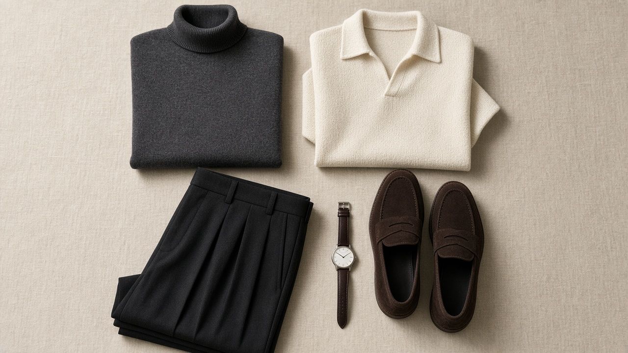 Flat lay on oatmeal linen: charcoal merino rollneck, cream open-collar knitted polo, black pleated trousers, a slim steel watch on a brown strap and dark brown suede penny loafers.