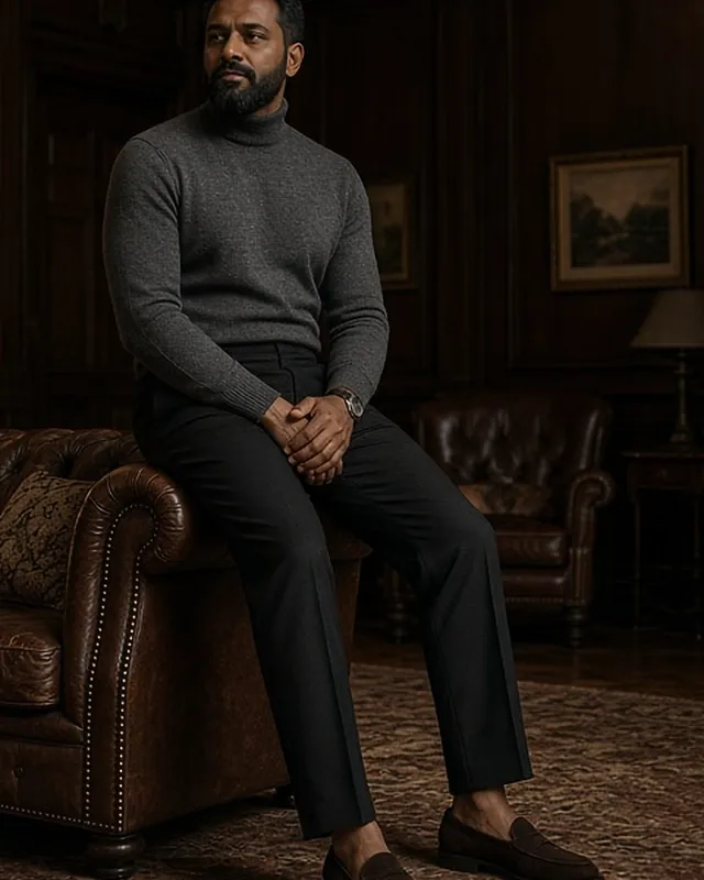 Full-length photo of a bearded man seated in a leather Chesterfield armchair in a wood-panelled club lounge, wearing a fitted charcoal merino rollneck, black trousers and dark brown suede loafers.