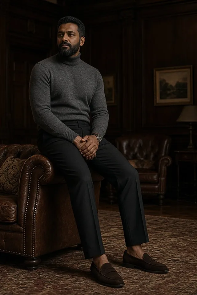 Full-length photo of a bearded man seated in a leather Chesterfield armchair in a wood-panelled club lounge, wearing a fitted charcoal merino rollneck, black trousers and dark brown suede loafers.