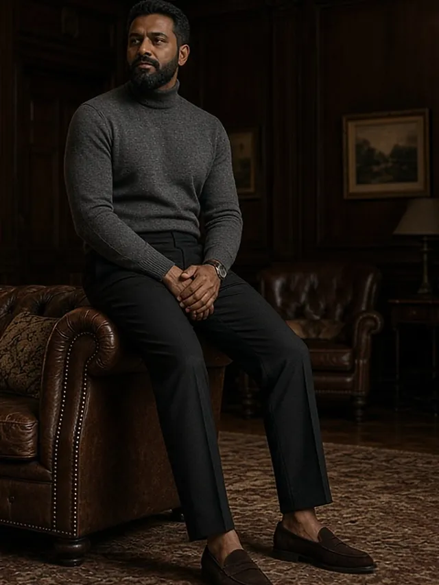 Full-length photo of a bearded man seated in a leather Chesterfield armchair in a wood-panelled club lounge, wearing a fitted charcoal merino rollneck, black trousers and dark brown suede loafers.