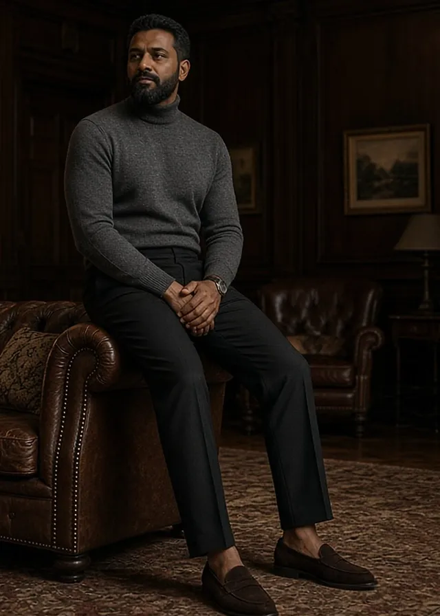 Full-length photo of a bearded man seated in a leather Chesterfield armchair in a wood-panelled club lounge, wearing a fitted charcoal merino rollneck, black trousers and dark brown suede loafers.