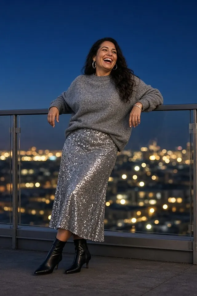 Full-length photo of a laughing woman leaning on a rooftop railing at dusk above city lights, in an oversized grey cashmere jumper, a silver sequin midi skirt and black pointed kitten-heel ankle boots.