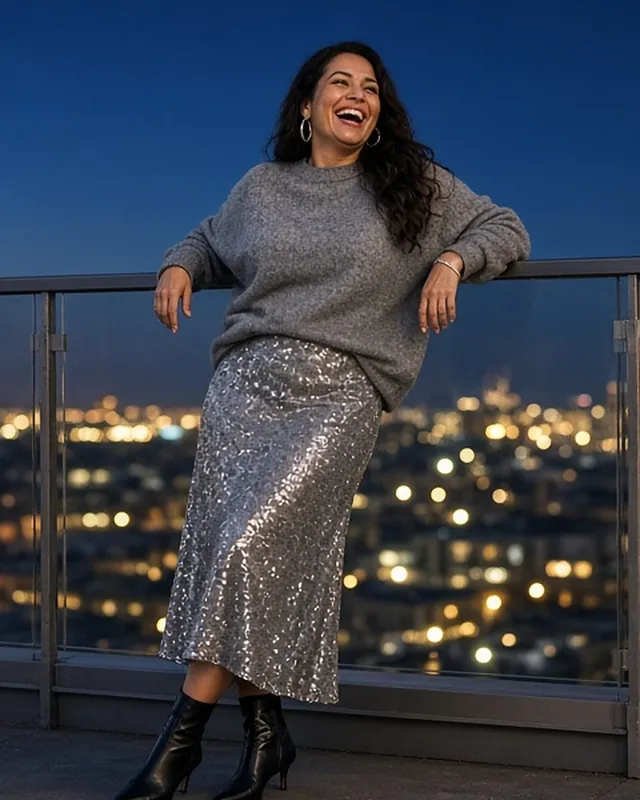 Full-length photo of a laughing woman leaning on a rooftop railing at dusk above city lights, in an oversized grey cashmere jumper, a silver sequin midi skirt and black pointed kitten-heel ankle boots.