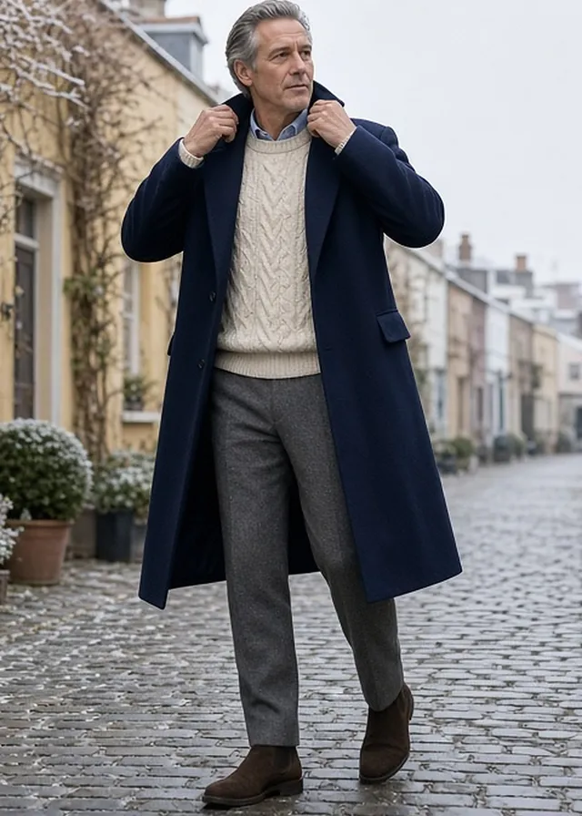 Full-length photo of a grey-haired man turning up the collar of his navy wool overcoat on a frosty cobbled London mews, over a cream cable-knit jumper, grey flannel trousers and brown suede Chelsea boots.