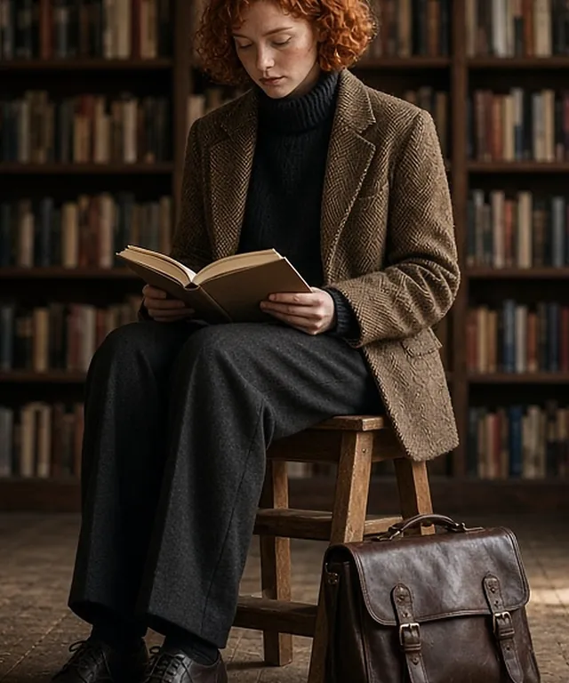 Full-length photo of a young red-haired woman seated on a wooden step-stool reading in an old bookshop, wearing a black turtleneck under a brown herringbone tweed blazer, charcoal trousers and dark leather derbies, a buckled leather satchel at her feet.