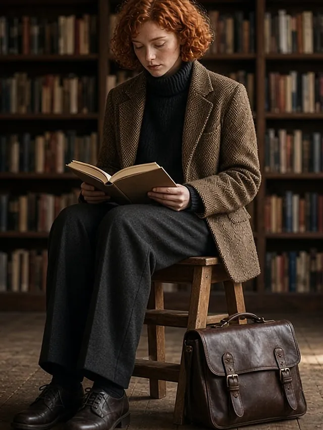 Full-length photo of a young red-haired woman seated on a wooden step-stool reading in an old bookshop, wearing a black turtleneck under a brown herringbone tweed blazer, charcoal trousers and dark leather derbies, a buckled leather satchel at her feet.