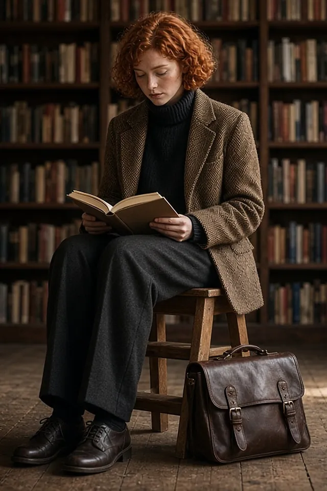 Full-length photo of a young red-haired woman seated on a wooden step-stool reading in an old bookshop, wearing a black turtleneck under a brown herringbone tweed blazer, charcoal trousers and dark leather derbies, a buckled leather satchel at her feet.
