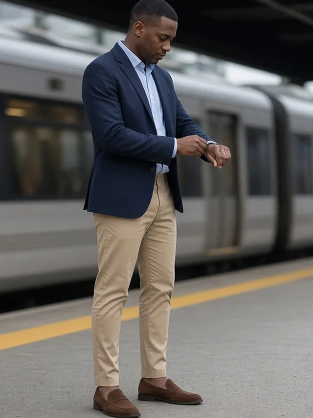 Full-length photo of a man adjusting his shirt cuff on a commuter train platform, in a navy unstructured blazer, pale blue oxford shirt open at the neck, stone chinos and brown suede loafers.