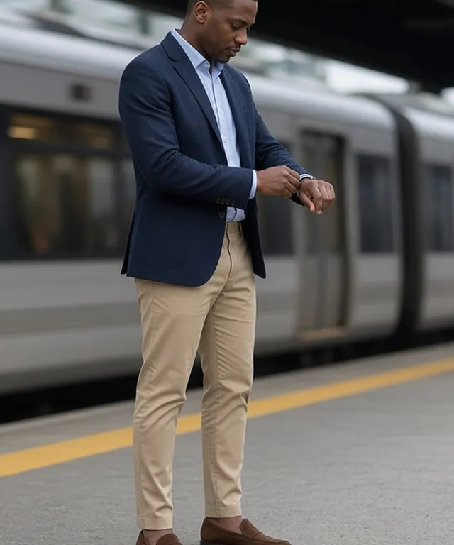 Full-length photo of a man adjusting his shirt cuff on a commuter train platform, in a navy unstructured blazer, pale blue oxford shirt open at the neck, stone chinos and brown suede loafers.