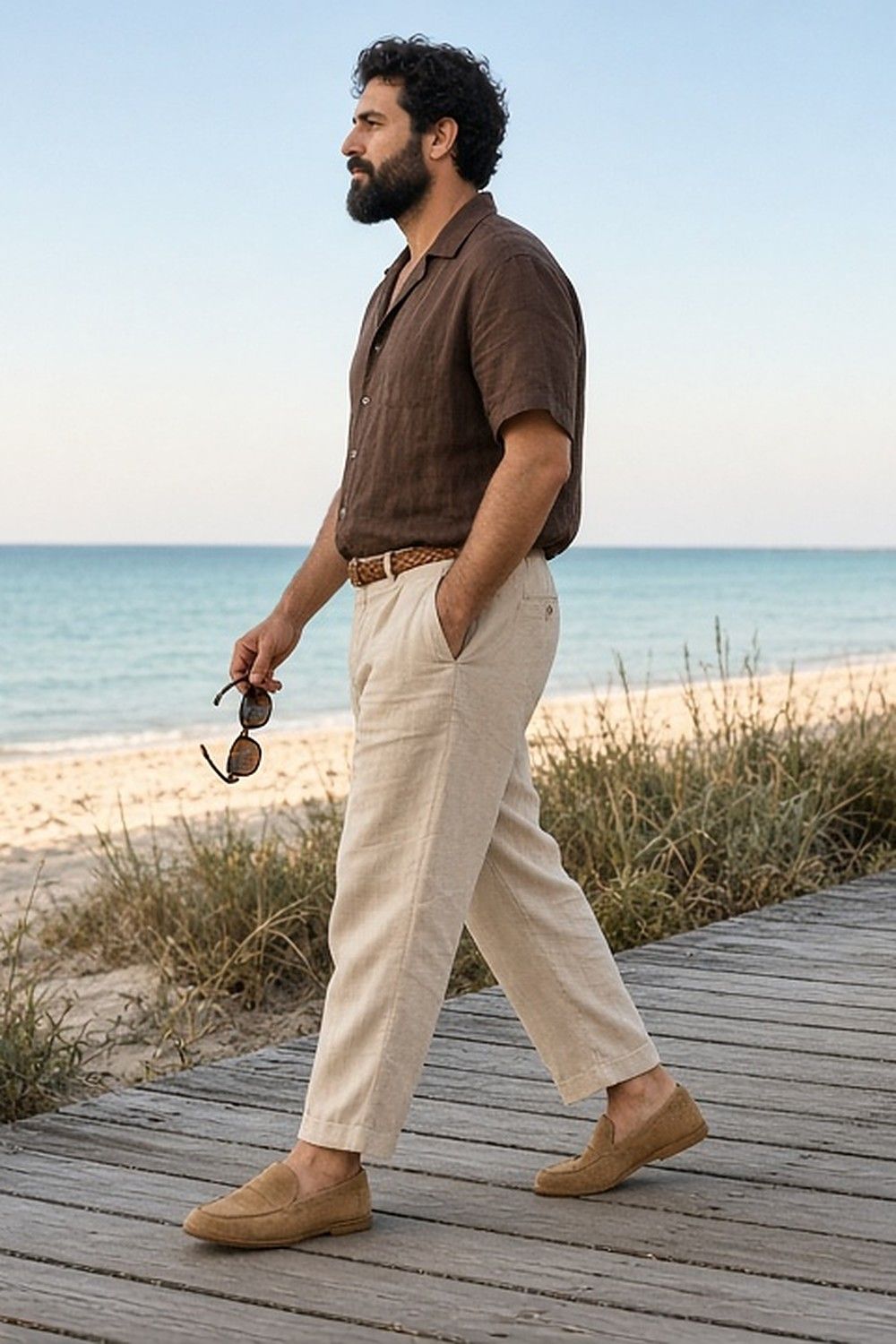 Full-length side-profile photo of a bearded man strolling along a timber beach boardwalk through dune grass, in a chocolate linen camp-collar shirt, ecru linen trousers with a braided belt and tan suede loafers, holding tortoiseshell sunglasses.
