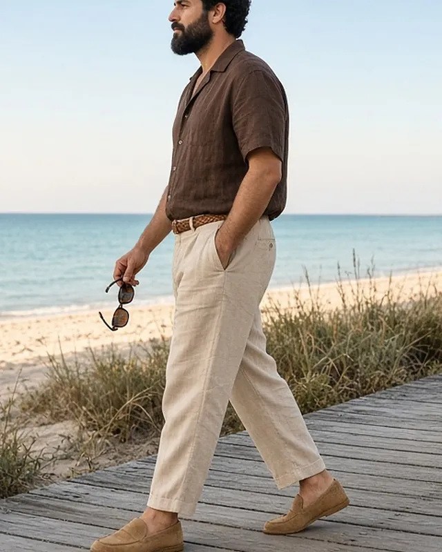 Full-length side-profile photo of a bearded man strolling along a timber beach boardwalk through dune grass, in a chocolate linen camp-collar shirt, ecru linen trousers with a braided belt and tan suede loafers, holding tortoiseshell sunglasses.