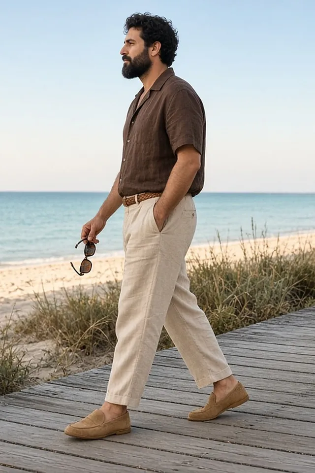 Full-length side-profile photo of a bearded man strolling along a timber beach boardwalk through dune grass, in a chocolate linen camp-collar shirt, ecru linen trousers with a braided belt and tan suede loafers, holding tortoiseshell sunglasses.