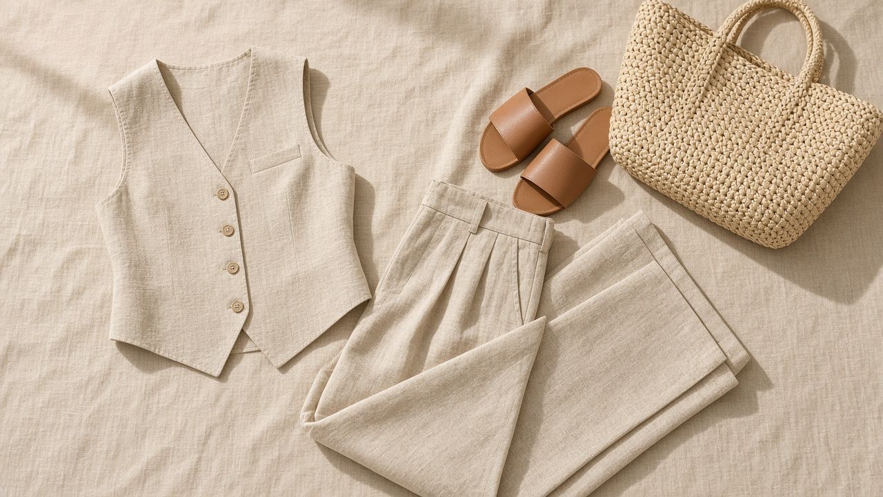Flat lay on oatmeal linen: oat linen waistcoat, matching wide-leg linen trousers, wide-strap tan leather slides and a woven raffia tote.