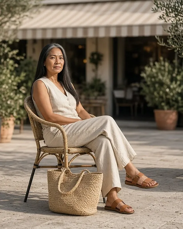 Full-length photo of a woman seated with legs crossed on a rattan chair on a sunny café terrace with olive trees, in an oat linen waistcoat and matching wide-leg trousers, flat tan leather slides, a woven raffia tote by the chair.