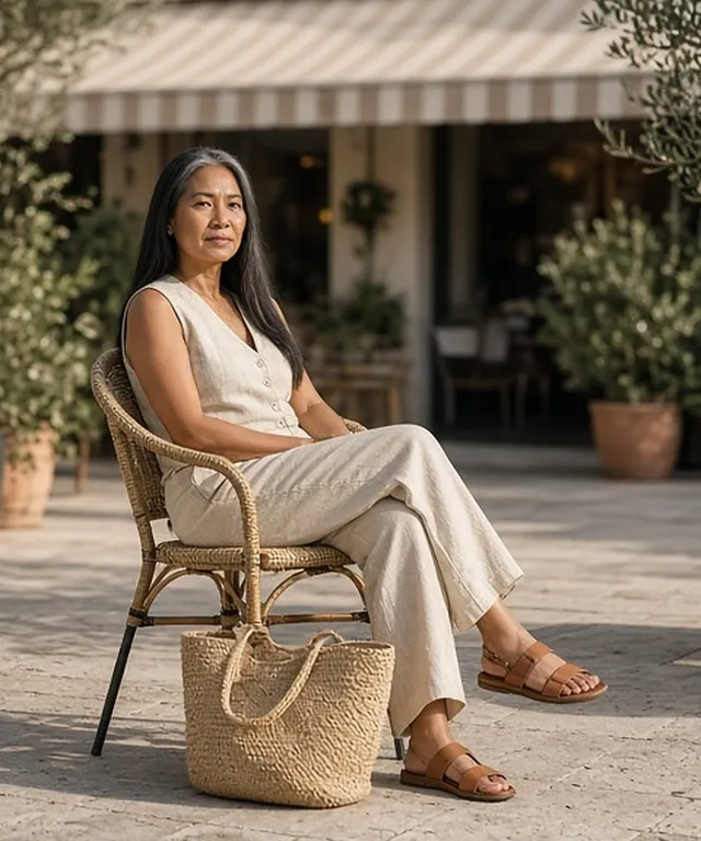 Full-length photo of a woman seated with legs crossed on a rattan chair on a sunny café terrace with olive trees, in an oat linen waistcoat and matching wide-leg trousers, flat tan leather slides, a woven raffia tote by the chair.