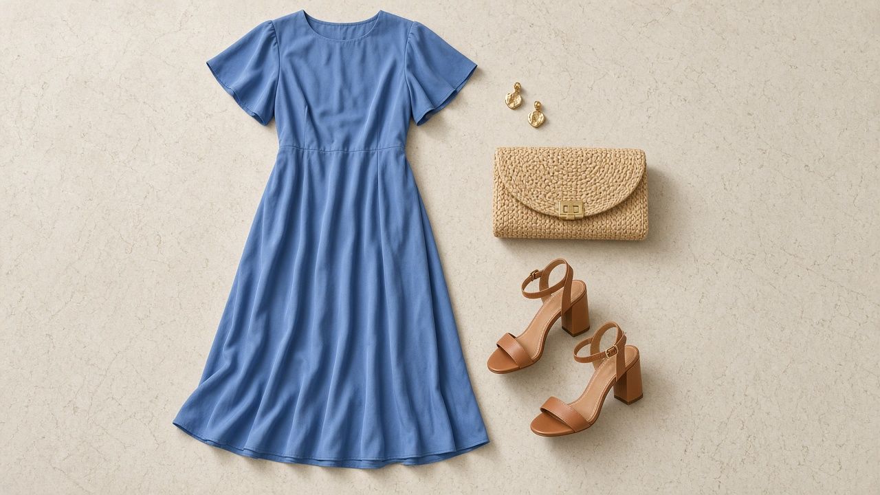 Flat lay on pale stone: cornflower-blue flutter-sleeve midi dress, a raffia clutch with gold clasp, tan block-heel sandals and gold drop earrings.