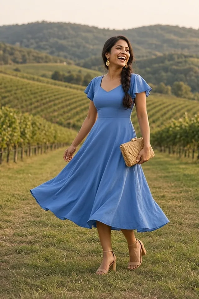 Full-length photo of a laughing woman mid-twirl between vineyard rows at golden hour, in a cornflower-blue midi dress with flutter sleeves, gold drop earrings and tan heeled sandals, holding a raffia clutch.