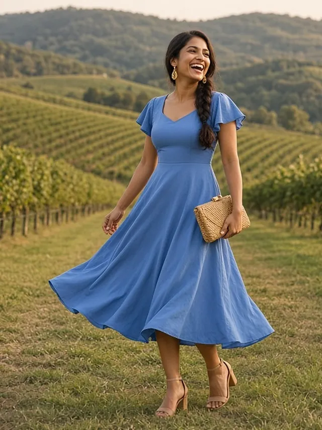 Full-length photo of a laughing woman mid-twirl between vineyard rows at golden hour, in a cornflower-blue midi dress with flutter sleeves, gold drop earrings and tan heeled sandals, holding a raffia clutch.
