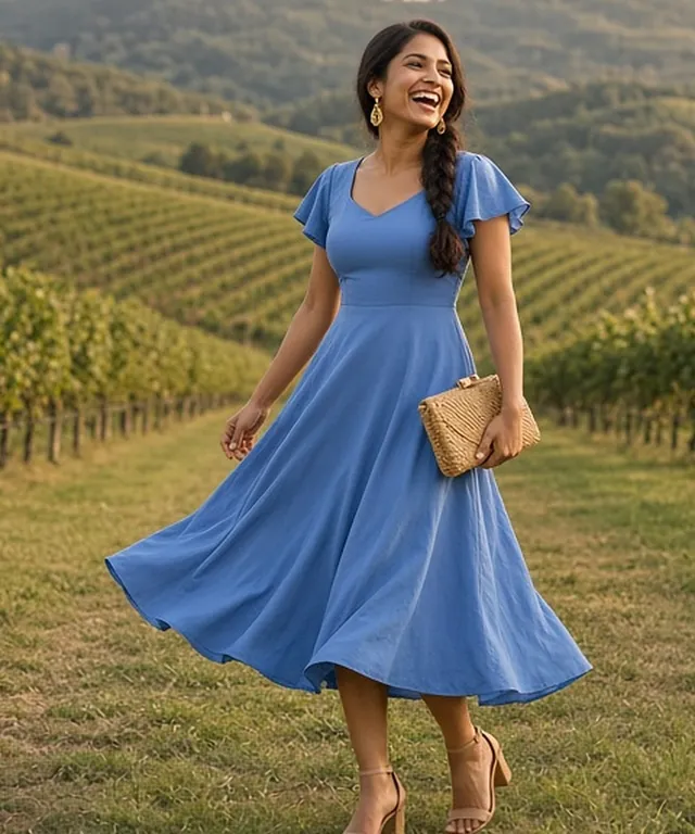 Full-length photo of a laughing woman mid-twirl between vineyard rows at golden hour, in a cornflower-blue midi dress with flutter sleeves, gold drop earrings and tan heeled sandals, holding a raffia clutch.