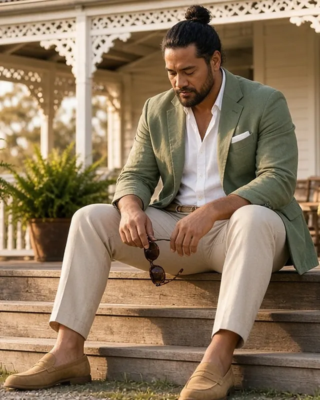 Full-length photo of a man seated on the timber steps of a white homestead veranda, in an unstructured sage linen blazer with a white pocket square, white open-collar shirt, stone trousers with a woven belt and tan suede loafers, holding tortoiseshell sunglasses.