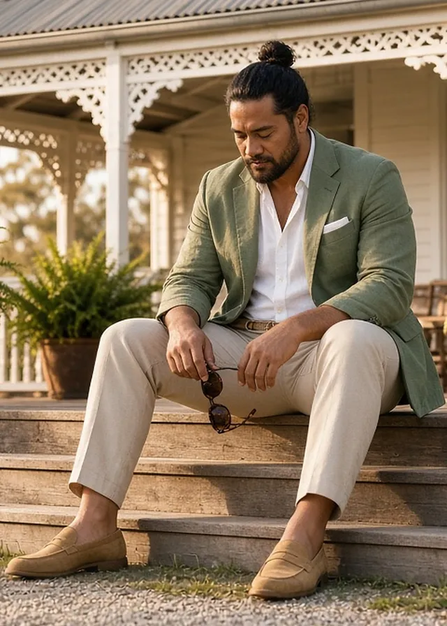 Full-length photo of a man seated on the timber steps of a white homestead veranda, in an unstructured sage linen blazer with a white pocket square, white open-collar shirt, stone trousers with a woven belt and tan suede loafers, holding tortoiseshell sunglasses.