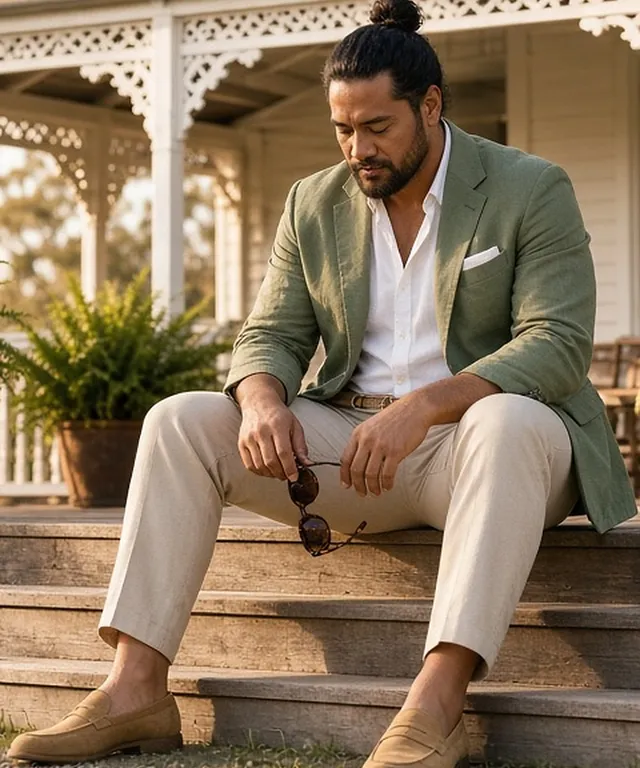 Full-length photo of a man seated on the timber steps of a white homestead veranda, in an unstructured sage linen blazer with a white pocket square, white open-collar shirt, stone trousers with a woven belt and tan suede loafers, holding tortoiseshell sunglasses.