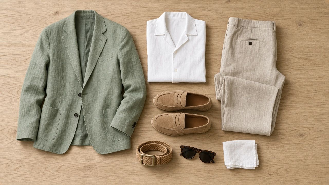 Flat lay on light oak: sage linen blazer, white camp-collar shirt, stone trousers, tan suede penny loafers, a woven tan belt, tortoiseshell sunglasses and a white linen pocket square.