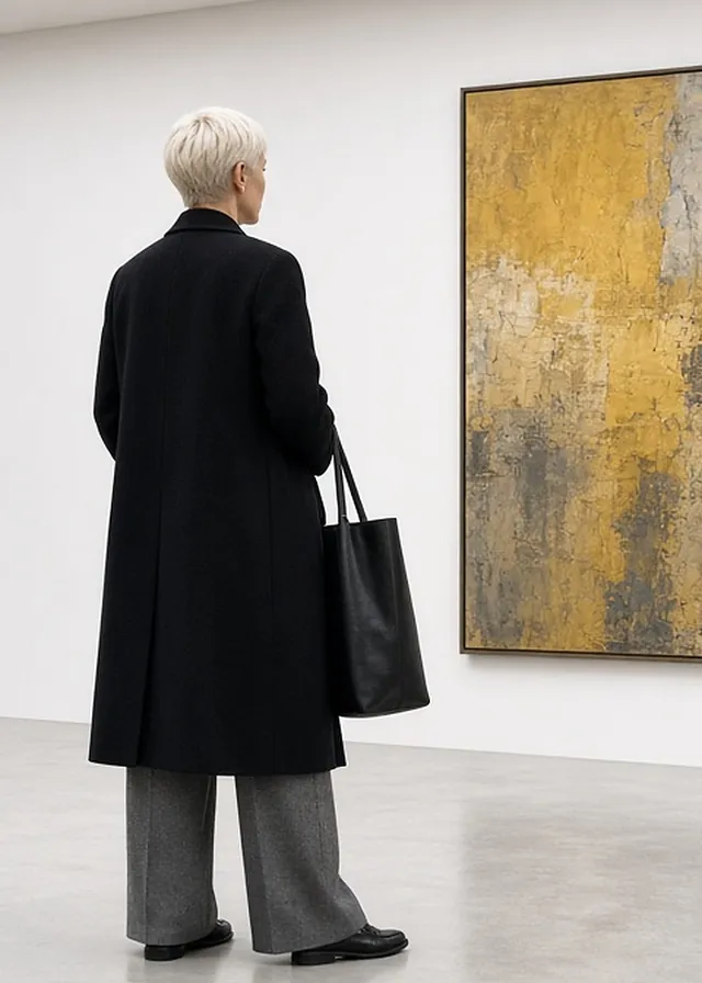 Full-length rear three-quarter photo of a woman with a platinum pixie cut viewing a large abstract painting in a white gallery, in a long black wool coat, mid-grey wide-leg trousers and black loafers, a black leather tote over her arm.