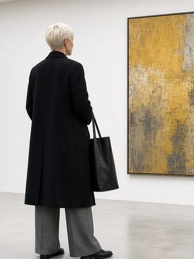 Full-length rear three-quarter photo of a woman with a platinum pixie cut viewing a large abstract painting in a white gallery, in a long black wool coat, mid-grey wide-leg trousers and black loafers, a black leather tote over her arm.