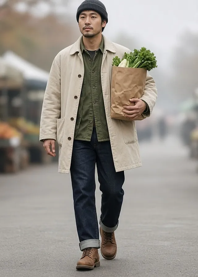 Full-length photo of a man in a charcoal beanie walking through a farmers' market carrying a paper bag of produce, in an ecru canvas chore coat over an olive overshirt, raw indigo jeans with a turn-up and brown leather work boots.
