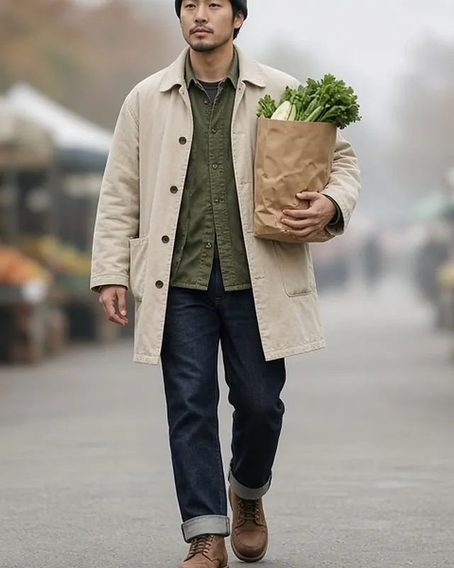 Full-length photo of a man in a charcoal beanie walking through a farmers' market carrying a paper bag of produce, in an ecru canvas chore coat over an olive overshirt, raw indigo jeans with a turn-up and brown leather work boots.