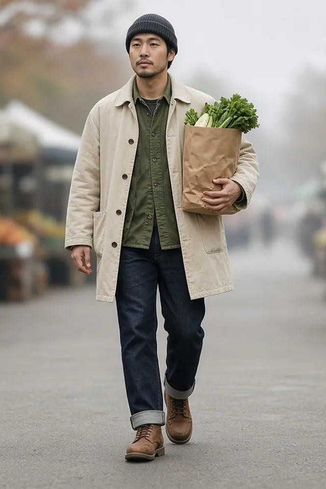 Full-length photo of a man in a charcoal beanie walking through a farmers' market carrying a paper bag of produce, in an ecru canvas chore coat over an olive overshirt, raw indigo jeans with a turn-up and brown leather work boots.