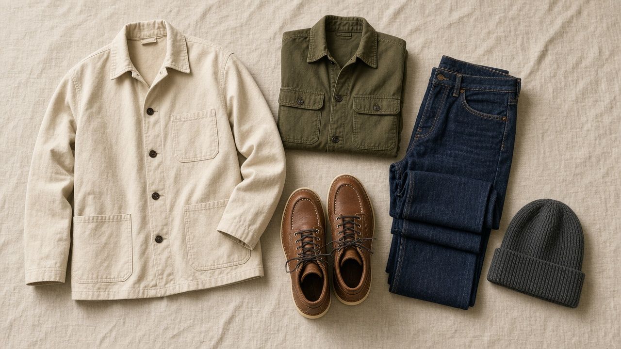 Flat lay on oatmeal linen: ecru canvas chore coat, olive twill overshirt, raw indigo straight jeans, brown leather moc-toe work boots and a charcoal ribbed beanie.